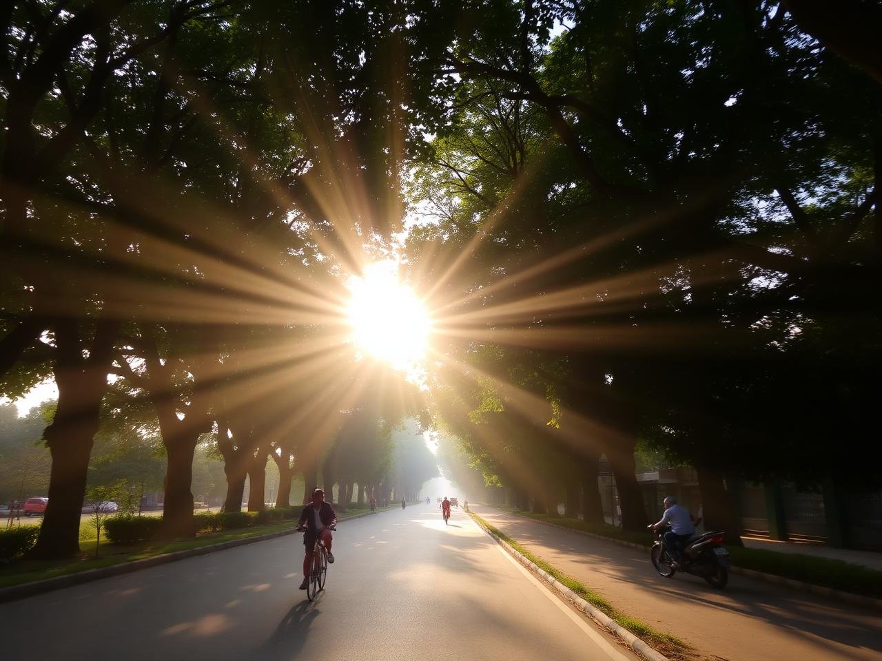 Tree-lined avenue with morning sunlight through the canopy