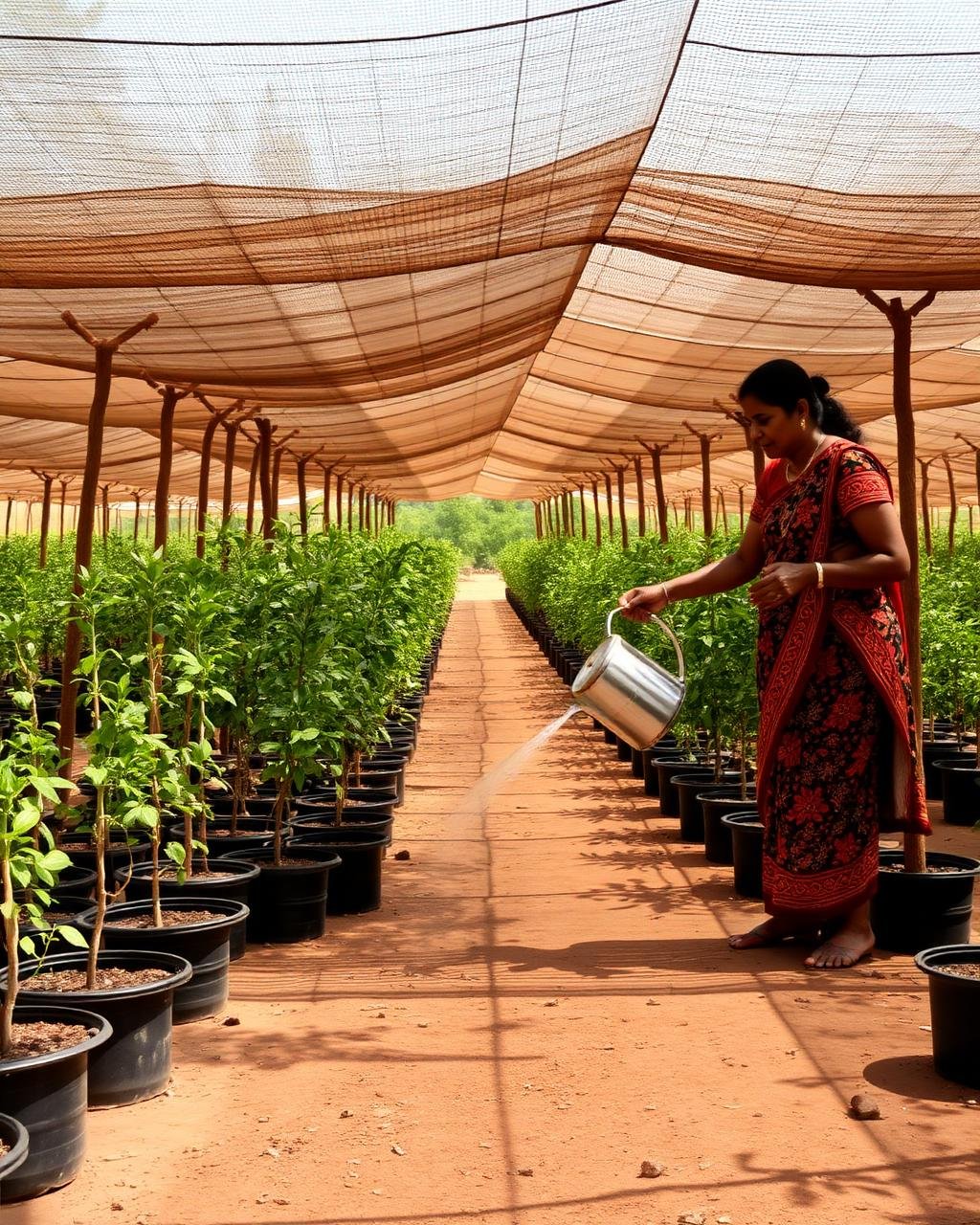 Community nursery with rows of medicinal saplings under shade netting