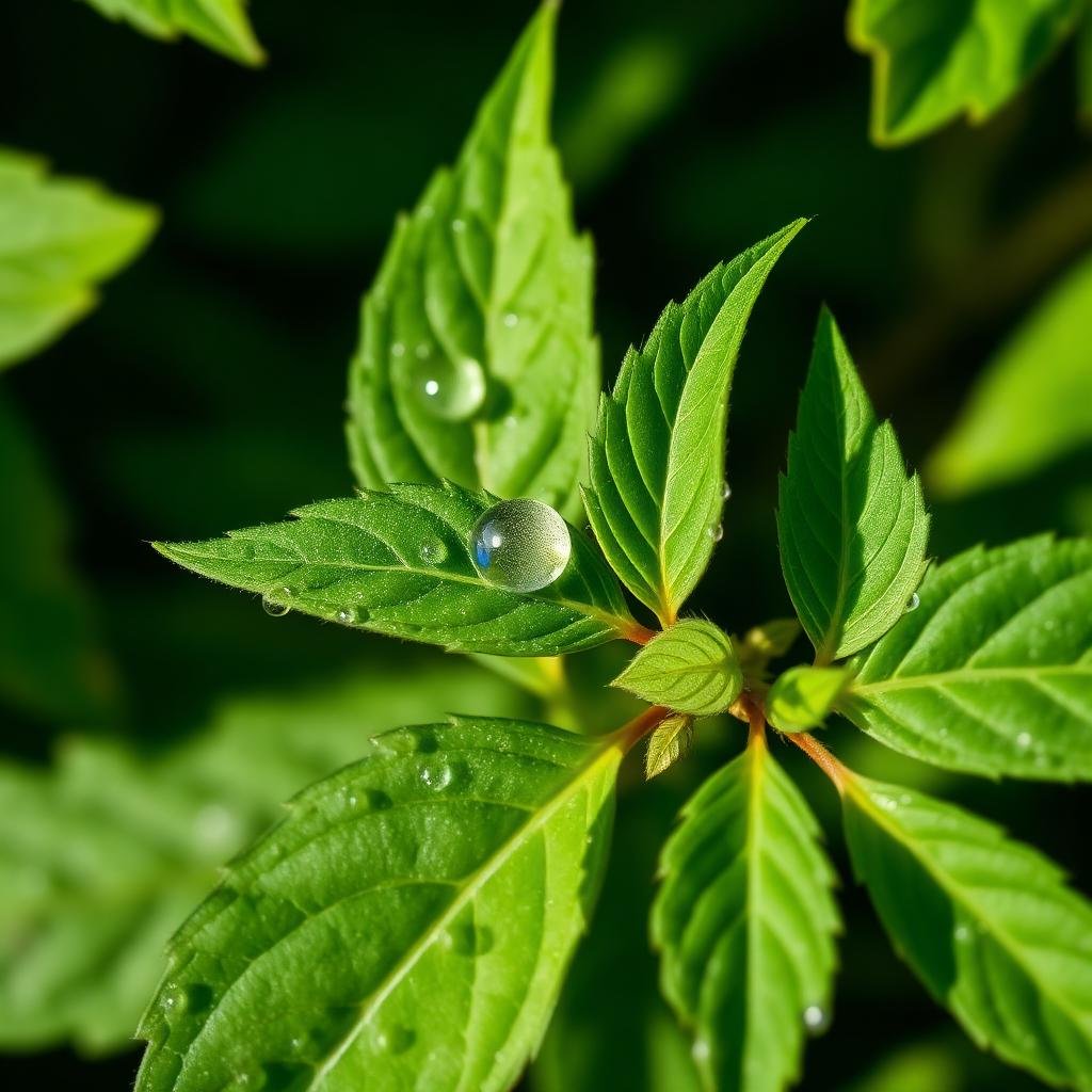 Dew on the leaves of a young medicinal plant at sunrise