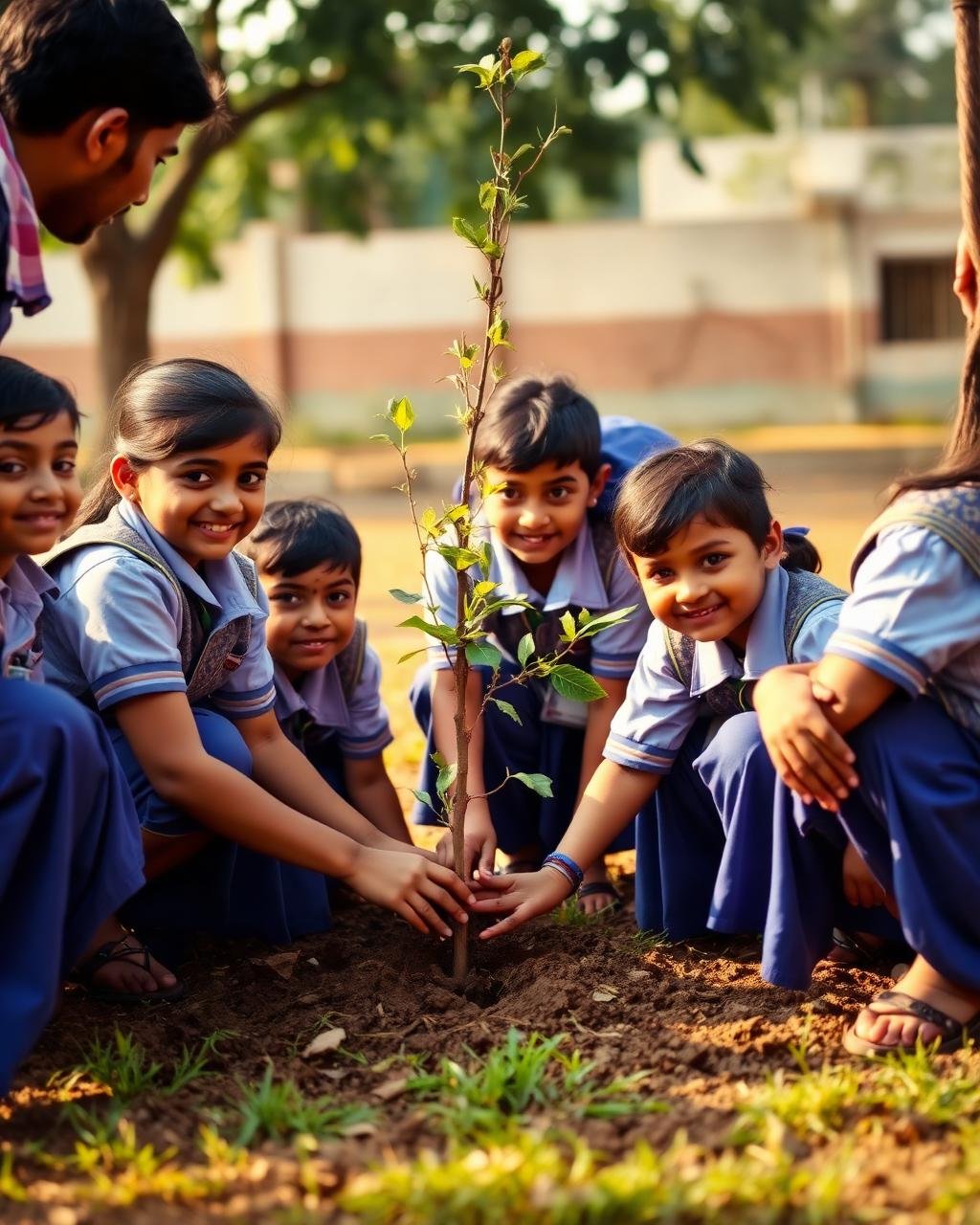 School students planting a sapling with their teacher